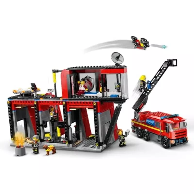 Konstruktors LEGO City Ugunsdzēsēju stacija ar pagriežamām kāpnēm 60414 — 843 gabali, 5 minifigūras