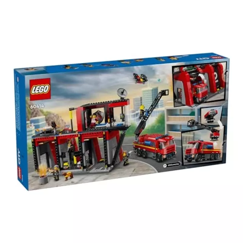 Konstruktors LEGO City Ugunsdzēsēju stacija ar pagriežamām kāpnēm 60414 — 843 gabali, 5 minifigūras