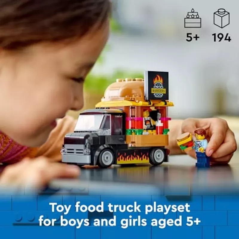 LEGO City Burger Furgons Bērniem no 5 Gadiem - Pārtikas Kravas Auto Ar Virtuvi Un Figūriņām