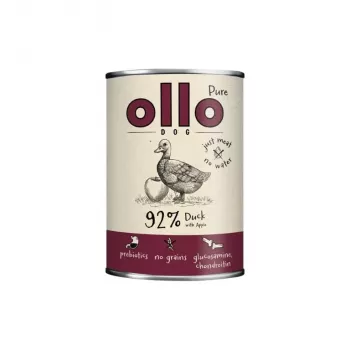 Mitrā suņu barība OLLO Pure Duck with Apple 850 g – pilnvērtīga barība pieaugušiem suņiem, bez graudiem un sojas