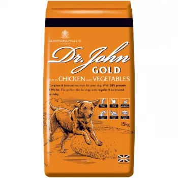 Sausā suņu barība Dr. John Gold Chicken 15 kg – Pieaugušiem suņiem, 20% olbaltumvielu, 9% tauku, locītavu atbalsts