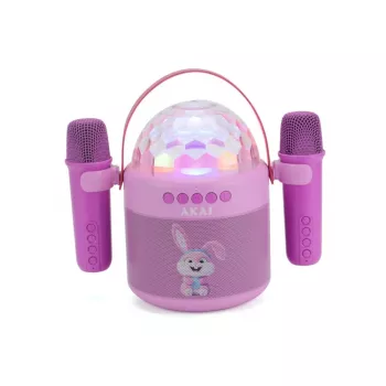 AKAI JoyBox Kids Karaoke komplekts ar Bluetooth, USB, MicroSD, AUX, FM radio, RGB gaismām, balss mainītāju, vadu mikrofonu, uzlādējamu 1200mAh akumulatoru, 5W RMS