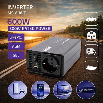 Qoltec MS Wave Power Invertors 12V uz 230V 300/600W USB, saderīgs ar LiFePO4 GEL AGM