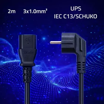 QOLTEC Strāvas kabelis ar SCHUKO CEE leņķa kontaktdakšu un IEC C13 savienotāju, 2m, melns