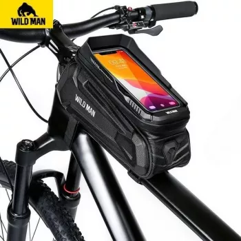 WILDMAN XT5 Frame Bag Black - Bicycle Top Tube Bag with Phone Pocket, Water-Resistant PU Leather
