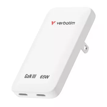 Verbatim Slim GaN lādētājs 2 porti 65W (EU/UK/US) balts