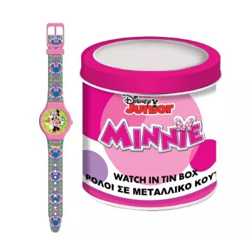 PULIO Analogais pulkstenis skārda kārbā - Disney Minnie Mouse, rozā PU ādas siksna, kvarca mehānisms, 30mm metāla sakausējuma korpuss, ūdensizturīgs, meitenēm 6+