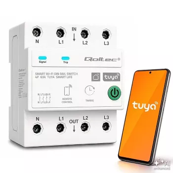 Qoltec trīsfāžu 63A viedais Wi-Fi automātiskais slēdzis 4P (3P+N) DIN sliedei | Taimeris | Tuya | Smart Life | Amazon Alexa