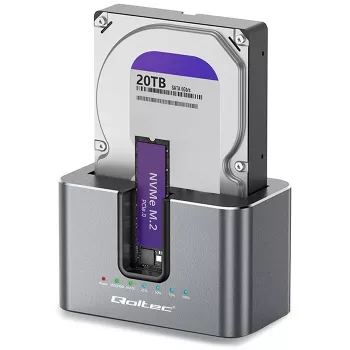 Qoltec 2in1 HDD SSD Docking Station SATA M.2 NVMe ar klonēšanu, USB-C 3.2 Gen 2, 10Gbps, līdz 28TB, alumīnijs