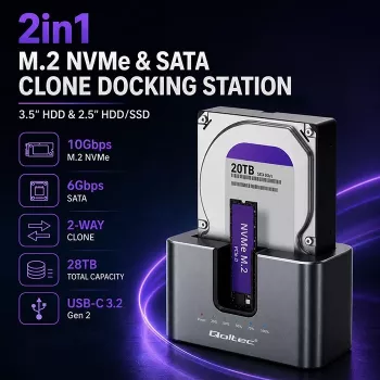 Qoltec 2in1 HDD SSD Docking Station SATA M.2 NVMe ar klonēšanu, USB-C 3.2 Gen 2, 10Gbps, līdz 28TB, alumīnijs