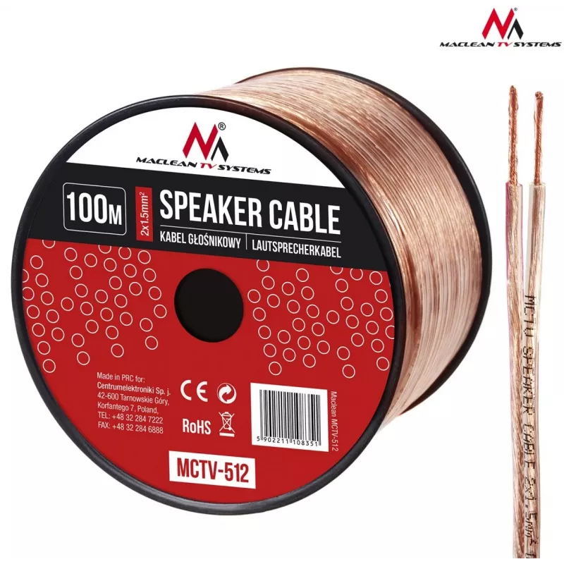MACLEAN MCTV-512 Skaļruņu kabelis 100m 2x1,5mm² caurspīdīgs OFC uz ruļļa