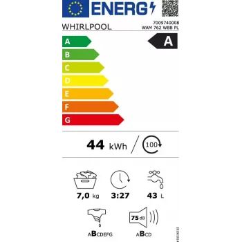 Whirlpool WAM762WBBPL 7 kg 1200 apgr./min veļas mazgājamā mašīna ar 6th Sense tehnoloģiju, FreshCare+, Clean+, 14 programmām, LED displeju, bērnu slēdzeni, atlikto startu, energoklase C, balta