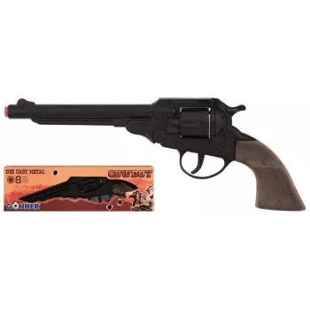 PULIO Cowboy Revolver Metāla 8 šāvienu Cap Gun - Melns/Sudrabs ar Brūnām Roktura daļām