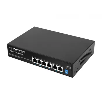 ESPERANZA 6-Port PoE+ Gigabit Switch 65W GOLIATH (4 PoE+ Porti, 2 Uplinki, 12 Gbps, Bezdzesis Metāla)