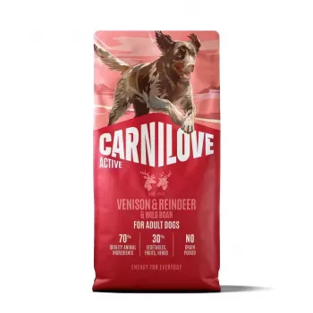 CARNILOVE ACTIVE sausā barība suņiem ar brieža, ziemeļbrieža un mežacūkas gaļu aktīviem pieaugušiem visu šķirņu suņiem 12 kg