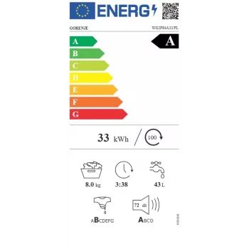 Gorenje WG2P84A32/PL brīvi stāvoša priekšpuses ielādes veļas mašīna, 8 kg, 1400 apgr./min, A energoklase, balta