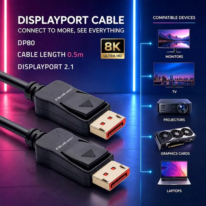 QOLTEC DisplayPort v2.1 kabelis M/M 54G 0.5m