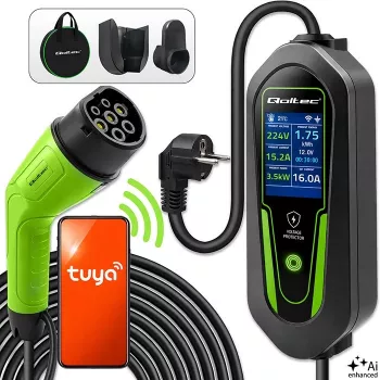 Qoltec Portable EV Charger Type 2 to Schuko 3.5kW 16A 5m Cable ar Wi-Fi un LCD