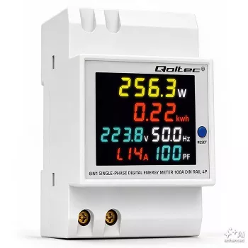 Qoltec 50977 vienfāzes 6-in-1 DIN sliedes enerģijas skaitītājs ar 100A CT, 230V, LCD, impulsa izeju