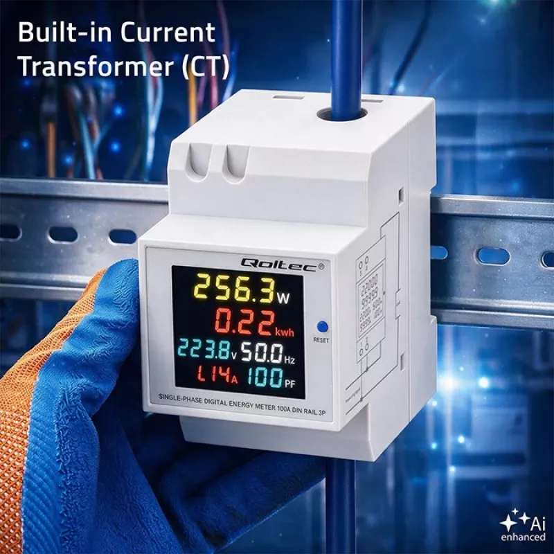 Qoltec 50977 vienfāzes 6-in-1 DIN sliedes enerģijas skaitītājs ar 100A CT, 230V, LCD, impulsa izeju