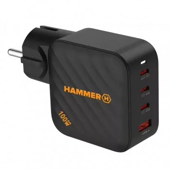 HAMMER RapidCharge 100W GaN sienas lādētājs, 2x USB-C PD 100W + 1x USB-A QC 30W, melns