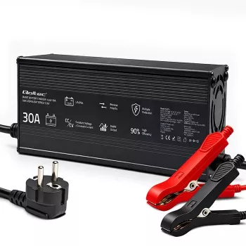 Qoltec LiFePO4 akumulatoru lādētājs 12V 30A ar LED indikatoriem un inteliģentu 3 pakāpju lādēšanu