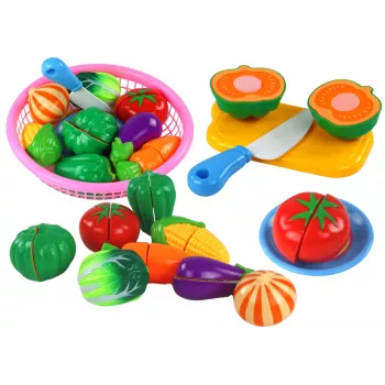 LEAN TOYS Velcro dārzeņi grozā – 8 daļu rotaļu pārtikas komplekts ar šķīvi un nazi