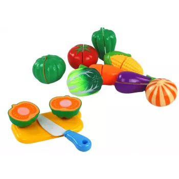 LEAN TOYS Velcro dārzeņi grozā – 8 daļu rotaļu pārtikas komplekts ar šķīvi un nazi