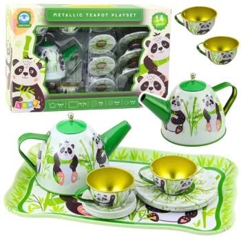 LEAN TOYS Panda Green Metāla tējas komplekts 14 daļas | Bērnu skārda tējkanna, krūzes, apakštasītes, šķīvji un paplāte | Lomu spēles virtuves rotaļlieta no 3 gadiem