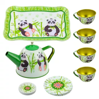 LEAN TOYS Panda Green Metāla tējas komplekts 14 daļas | Bērnu skārda tējkanna, krūzes, apakštasītes, šķīvji un paplāte | Lomu spēles virtuves rotaļlieta no 3 gadiem
