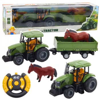 LEAN TOYS RC vadāmais traktors ar piekabi un zirgu komplekts - 2.4GHz, uzlādējams, zaļš/sarkans, 3+ gadiem