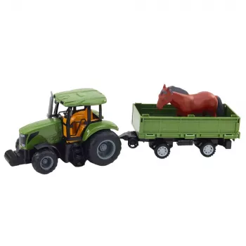 LEAN TOYS RC vadāmais traktors ar piekabi un zirgu komplekts - 2.4GHz, uzlādējams, zaļš/sarkans, 3+ gadiem