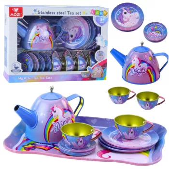 LEAN TOYS Bērnu metāla tējas servīze ar krūzītēm, tējkannu un paplāti Vienradzis