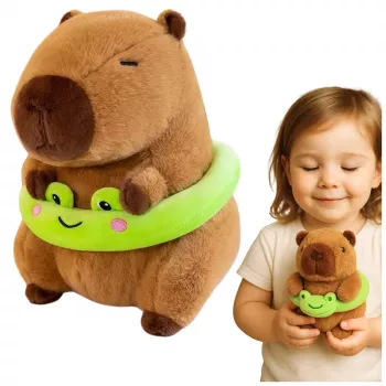 LEAN TOYS Plush Kapibara ar zaļu glābšanas riņķi un vardi, brūna, 20 cm