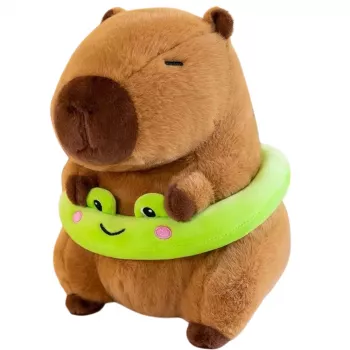 LEAN TOYS Plush Kapibara ar zaļu glābšanas riņķi un vardi, brūna, 20 cm