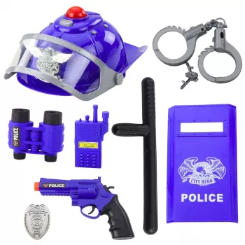 LEAN TOYS Policijas komplekts bērniem 9 daļas - ķivere, pistole, roku dzelži