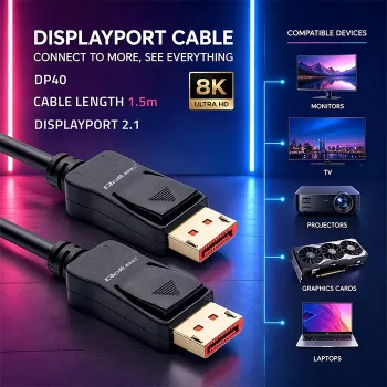 QOLTEC DisplayPort kabelis M/M v2.1 40G 1,5m