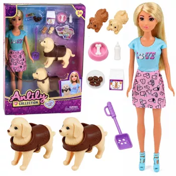 LEAN TOYS Anlily Big Dogs leļļu komplekts ar mājdzīvnieka kopšanas piederumiem
