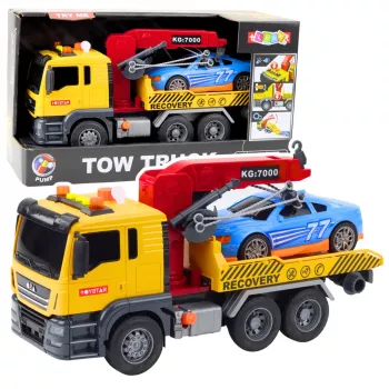 LEAN TOYS Tow Truck ar celtni un sacīkšu auto – gaismas un skaņas rotaļu komplekts