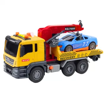 LEAN TOYS Tow Truck ar celtni un sacīkšu auto – gaismas un skaņas rotaļu komplekts