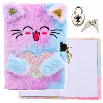 LEAN TOYS Plush Soft Notebook Diary ar Kaķēnu, Slēdzeni un Atslēgām, Tukšām Lapām