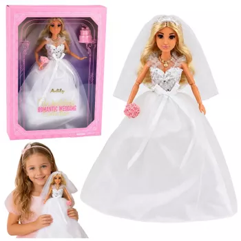 LEAN TOYS Anlily Līgavas lelle ar mirdzošu kāzu kleitu, plīvuru, pušķi, kūku un kurpēm, 29 cm
