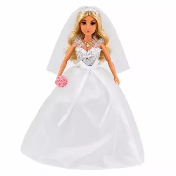 LEAN TOYS Anlily Līgavas lelle ar mirdzošu kāzu kleitu, plīvuru, pušķi, kūku un kurpēm, 29 cm