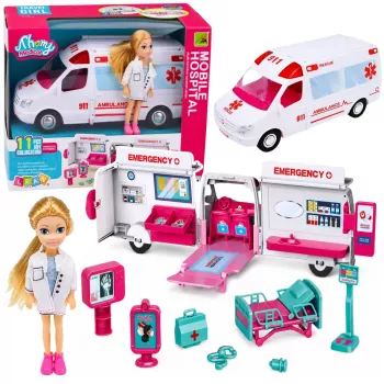 LEAN TOYS salokāma ātrās palīdzības mašīna lellēm ar 10 medicīnas piederumiem, 11 daļas