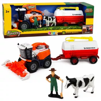 LEAN TOYS Kombains ar piena cisternu, zemnieka un govs figūrām, ar gaismu un skaņu, 4 daļu lauku spēļu komplekts
