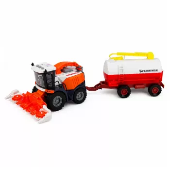 LEAN TOYS Kombains ar piena cisternu, zemnieka un govs figūrām, ar gaismu un skaņu, 4 daļu lauku spēļu komplekts