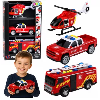 LEAN TOYS Ugunsdzēsēju transportlīdzekļu komplekts: helikopters un mašīna ar gaismām un skaņām 1:32