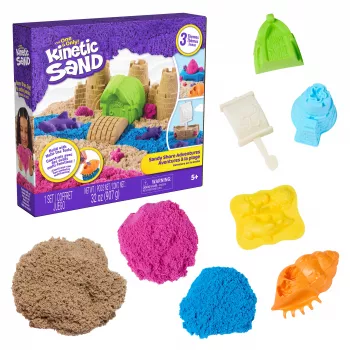 Kinetic Sand Beach Adventure Set – 907g smiltis 3 krāsās ar veidnēm, instrumentu un spēles paplāti