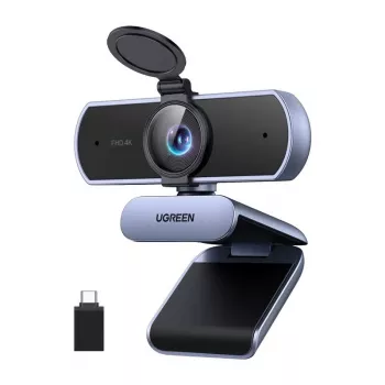 UGREEN FineCam Lite 4K UHD tīmekļa kamera ar 4 mikrofonu bloku, privātuma aizvaru, regulējamu redzes lauku, automātisko kadrēšanu, HDR, USB-C, pelēka