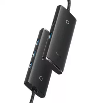 Baseus Lite Series 4 portu USB 3.0 centrmezgls - 5Gbps, bez ārējās strāvas, melns (WKQX030101)